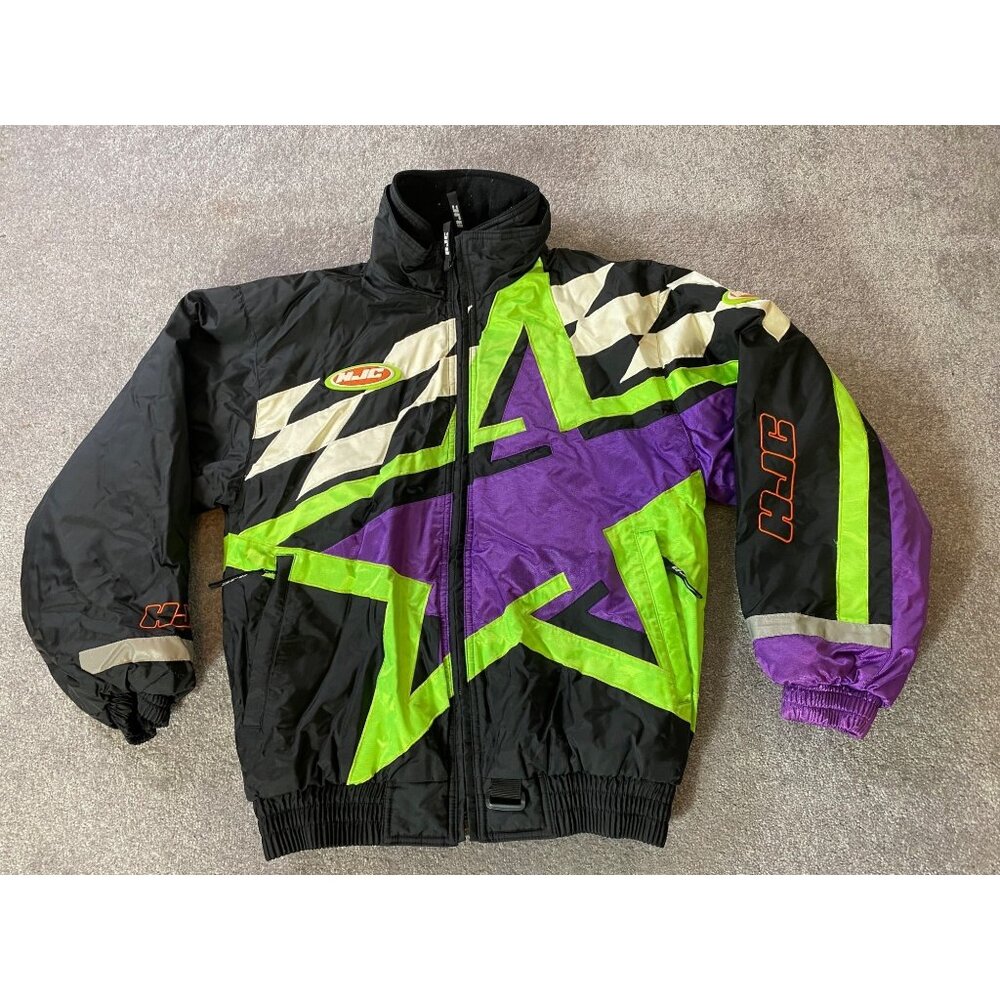 HJC Snowmobile Racing Mens Jacket Puffer Bomber Insulated Green Purple Star S/M